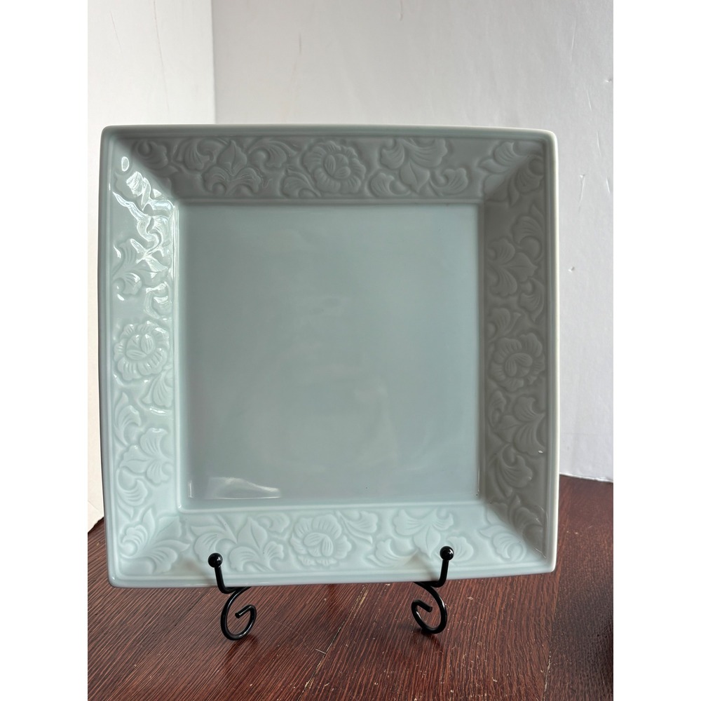 Hanyang University Square Ceramic Plate Celadon Green Floral Embossed 8.25 inch